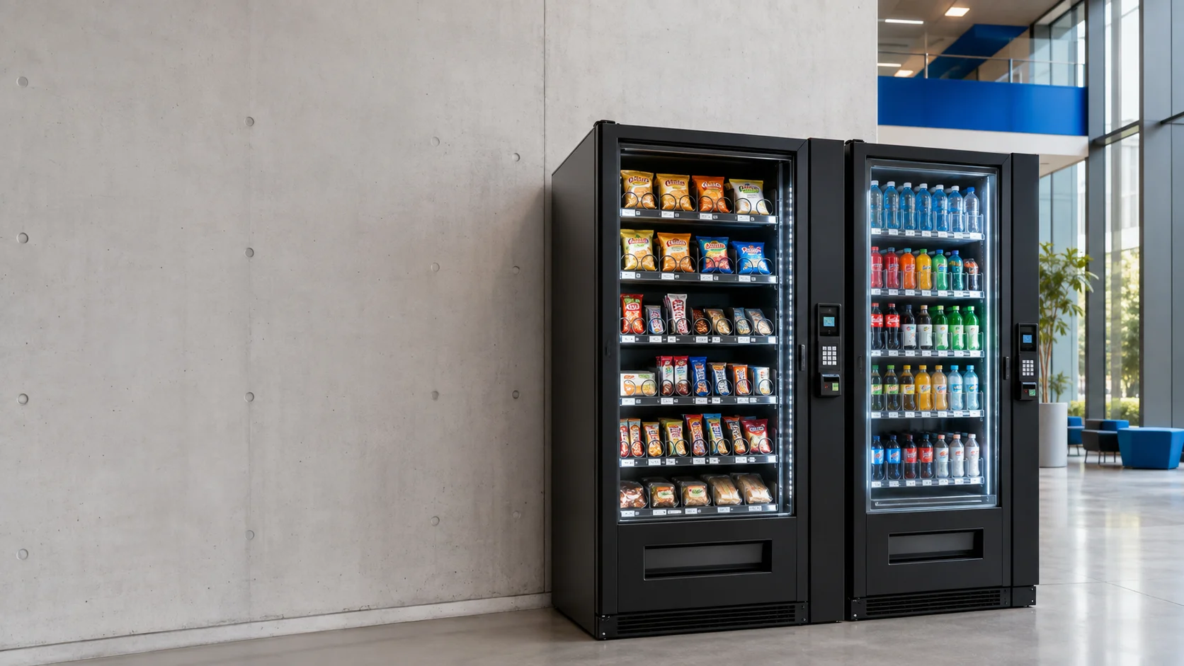 Snack- en drankautomaten op een moderne bedrijfslocatie
